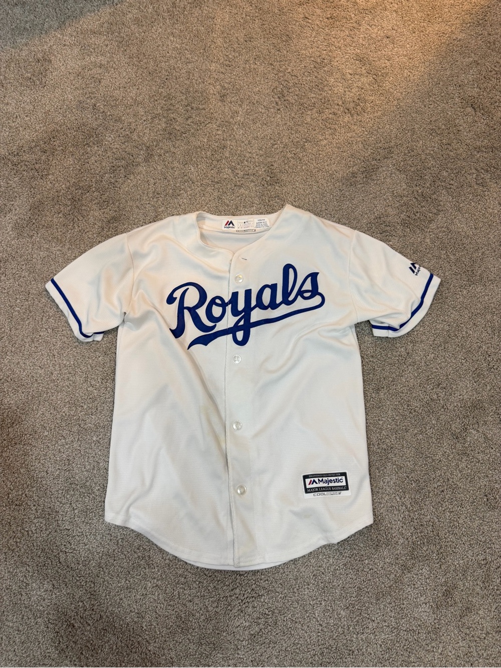 Majestic Kids White Royals Button-Front Baseball Jersey with Blue Script